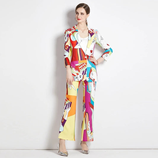 Colorblock Cartoon Print Trouser Suit Notched Blazer Jacket + Matching Flared Pants Ladies Suit