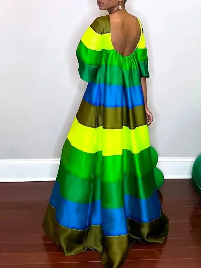 Rainbow Colorblock Striped Oversized Print Short Sleeve O-Neck Floor-Length Maxi Dress