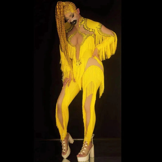 Yellow Long Sleeve Tassel Design Mesh Patchwork Printed Stretch Formal Stage Performance Jumpsuit