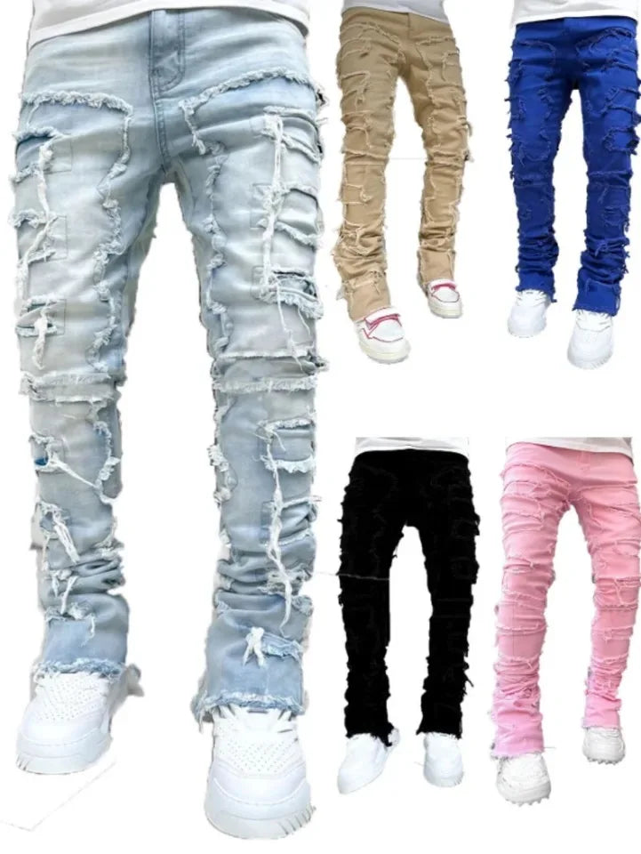 Men's Denim Fringe Ripped Hip-Hop Stretch Stacked Elastic Waist Straight Patchwork Jeans