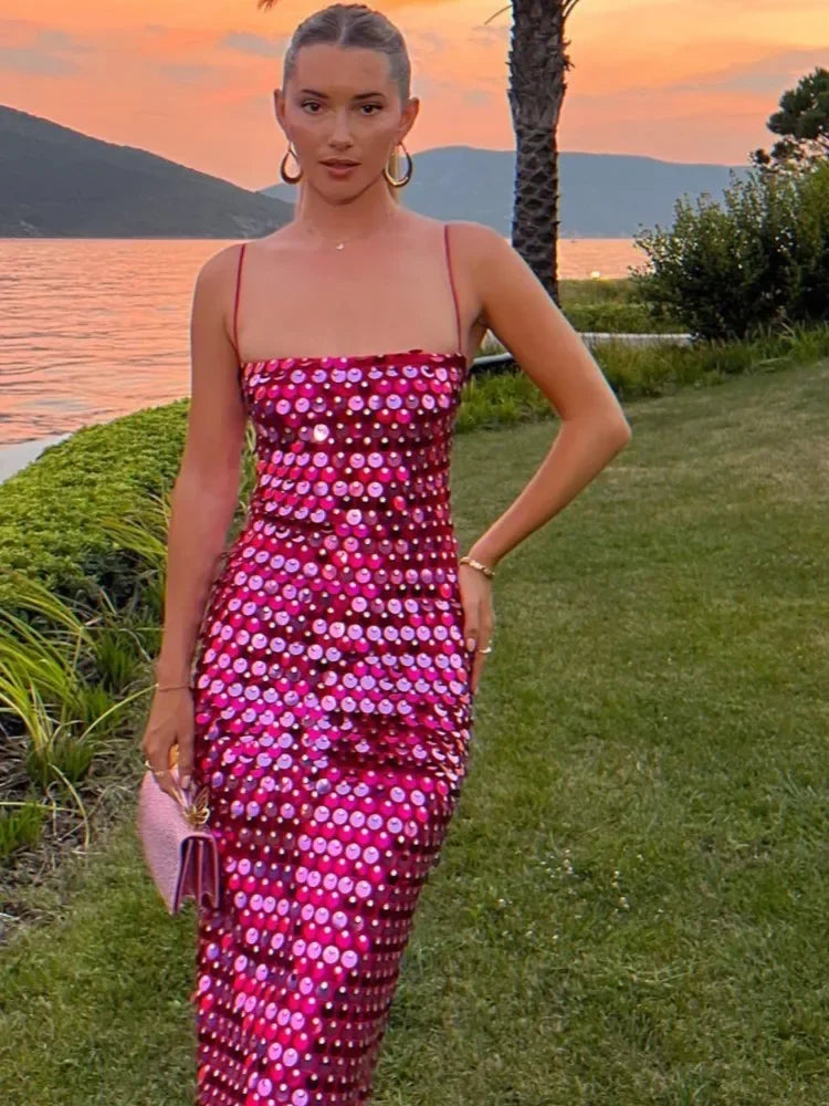 Sparkling Sequin Sleeveless Solid Backless Spaghetti Strap Formal Maxi Party Dress
