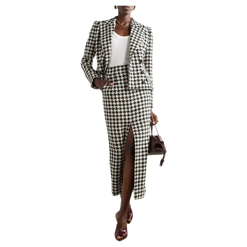 Houndstooth Print Women's Double Breasted Blazer Jacket + High Front Slit Long Skirt Business Suit to 3X Plus Size