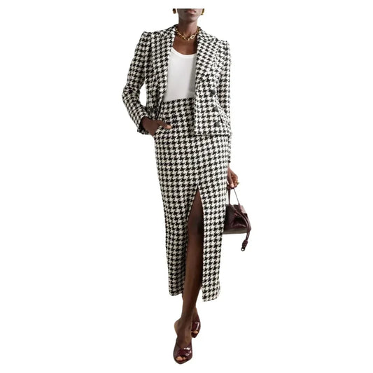 Houndstooth Print Women's Double Breasted Blazer Jacket + High Front Slit Long Skirt Business Suit to 3X Plus Size