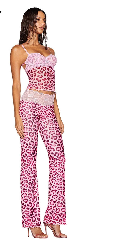Tiered Leopard/Colorblock Lace Tank Top + Skinny Pants Women's 2-Piece Set