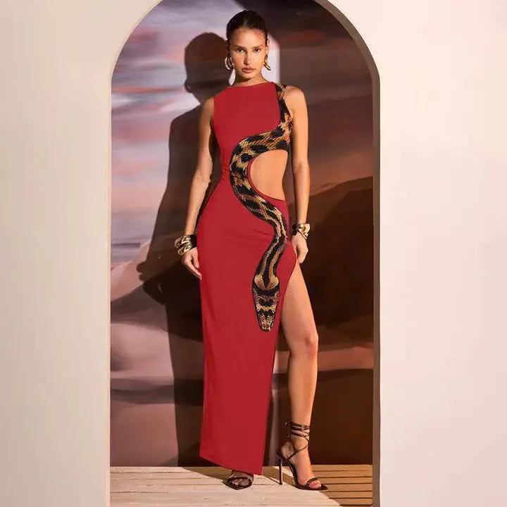 Sleeveless Python Snake Print Cut-Out High Slit Maxi Dress