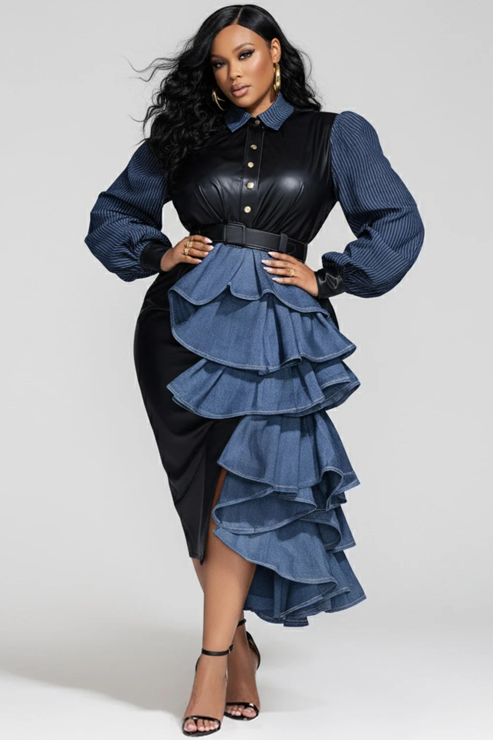 Irregular Black PU Leather Top Ruffled Blue Denim Pinstriped Turn-Down Collar Long Sleeve Formal Party Dress to 5X Plus Size