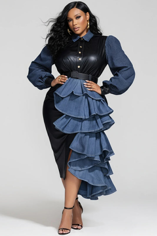 Irregular Black PU Leather Top Ruffled Blue Denim Pinstriped Turn-Down Collar Long Sleeve Formal Party Dress to 5X Plus Size