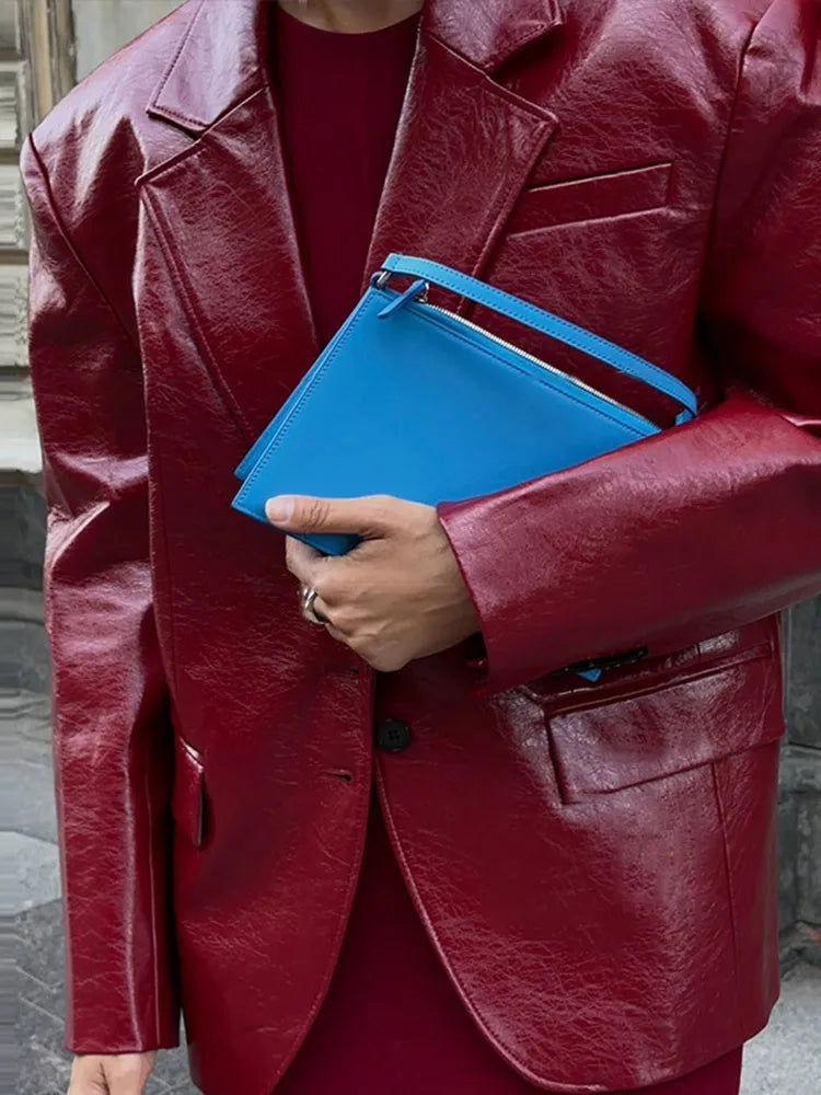 Shiny PU Leather Women's Solid Color Blazer Jacket w/ Flared Sleeveless Tube Maxi Dress 2-Piece Suit