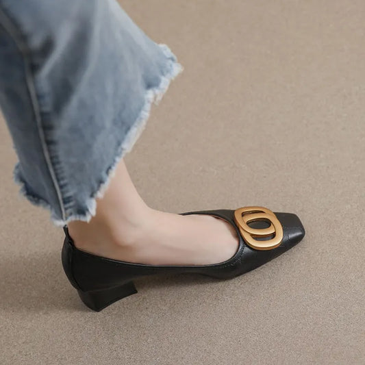 Gold Pendant Detail Solid Square Toe Low Heel Pumps