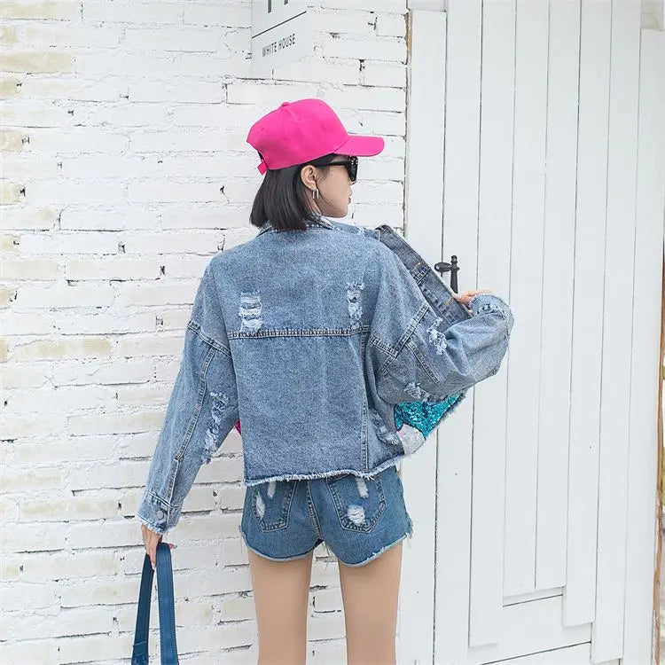 Denim Daffy Duck/Minnie Mouse Cartoon Print Big Pink/Red Bowknot Embroidered Women's Sequin Short Loose Jean Jacket
