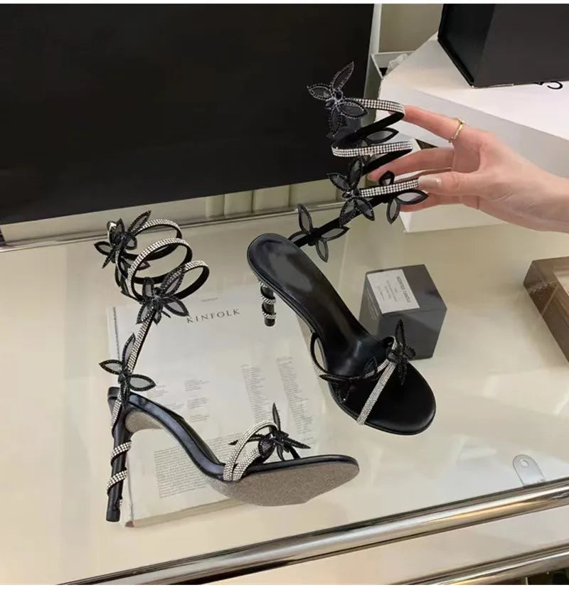 Crystal Butterfly Embellished Detail Spiral Coiled Band Strap High Heel Gladiator Sandal Pumps