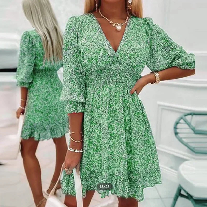 Floral Bohemian Nipped Waist Pullover Deep V-Neck Short Sleeve Midi Dress to 3X Plus Size