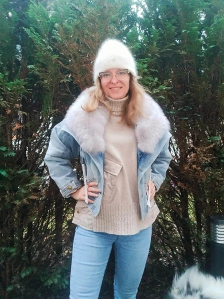 Denim Oversized 100% Real Fox Fur Collar Short Women's Goose Down Puffer Jean Jacket