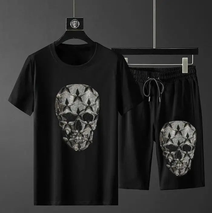 Rhinestone Skeleton w/ Crossbones Short Sleeve T-Shirt + Matching Drawstring Shorts Set