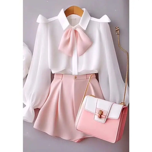 White Long Sleeve Blouse w/ Pink Bowtie & Solid Color Shorts 2-Piece Set