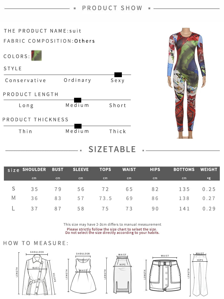 Multi-Colored Geometric Print Women's O-Neck Long Sleeve Skin Tight Jumpsuit