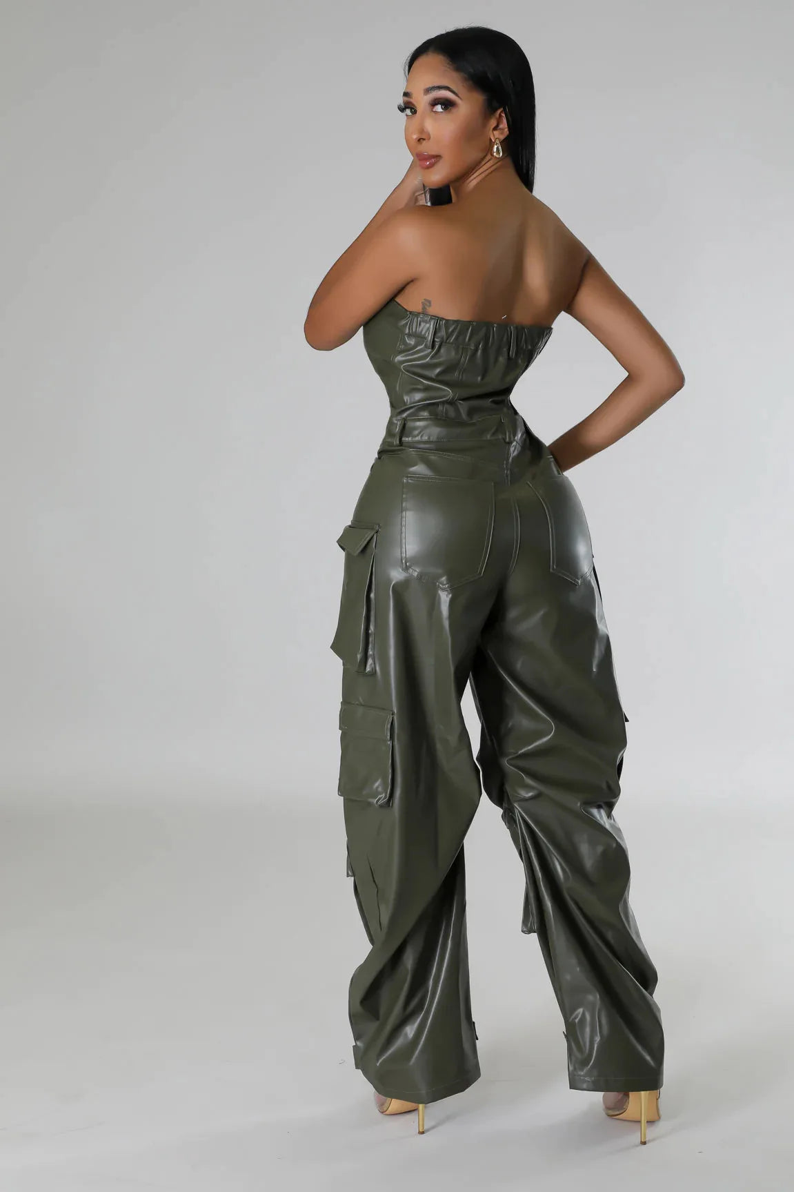 Strapless Sleeveless PU Leather Solid Color Hip-Hop Cargo Multi-Pocketed Women's Tube Top Jumpsuit