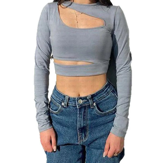 Irregular Hollow-Out Layered O-Neck Long Sleeve Women's Crop Top