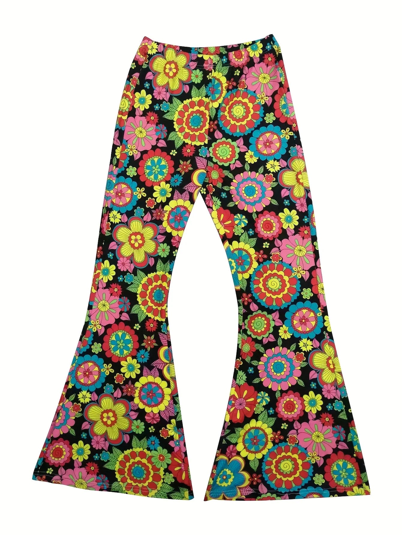 70's Bohemian Flower Print Women's Elastic Waist Flared Bellbottom Pants