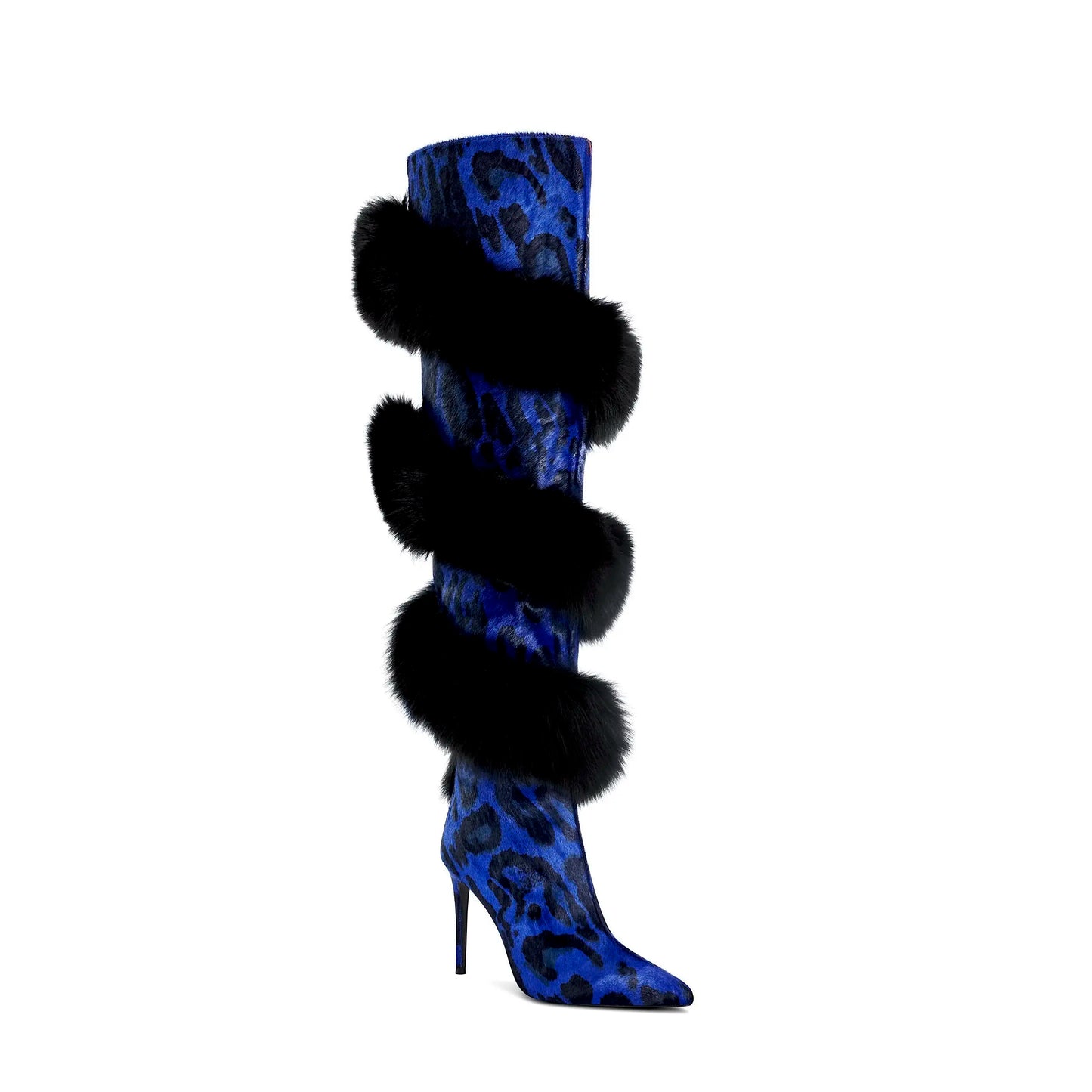 Leopard Black/Blue/Solid Spiral Faux Fur Design Spiked Stiletto Heel Over-The-Knee Women's Boots