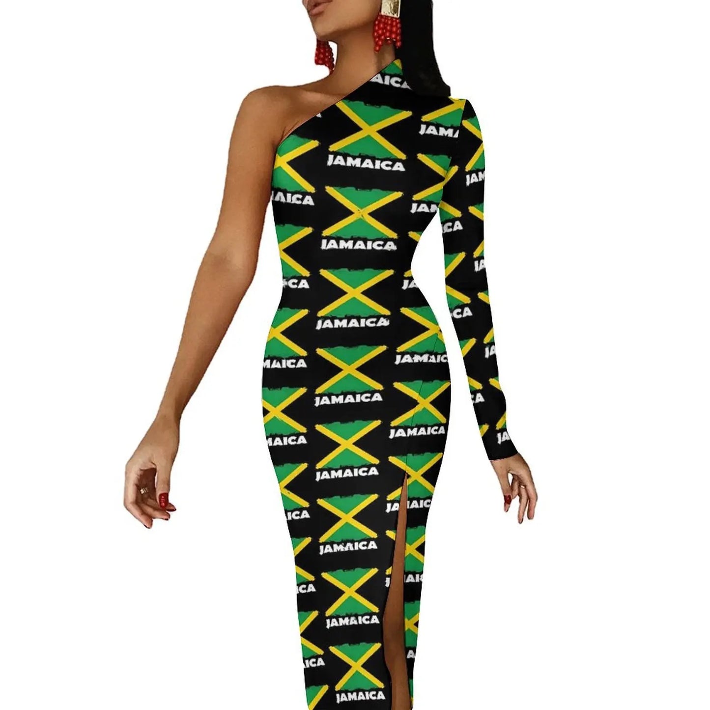 Jamaica Flag Colors Striped/Geometric/Camoflauge High Side Slit One Sleeve Streetwear Bodycon Maxi Dress