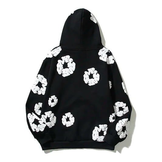 Retro Flower Print Embroidered Pullover Streetwear Oversized Fleece Hoodie Sweatshirt