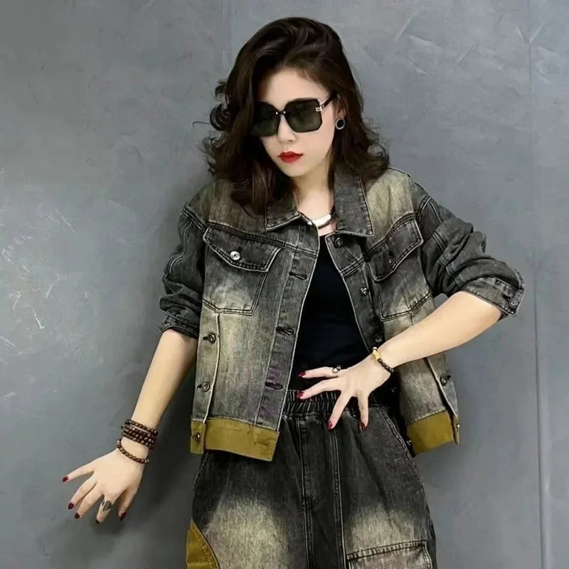 Black Camoflauge Colorblock Washed Distressed Women's Jean Jacket + Cargo Pocket Jeans 2-Piece Set