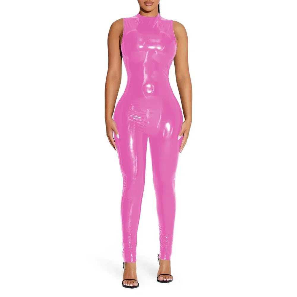 Shiny Solid Color Sleeveless PVC PU Leather Women's Pants Jumpsuit
