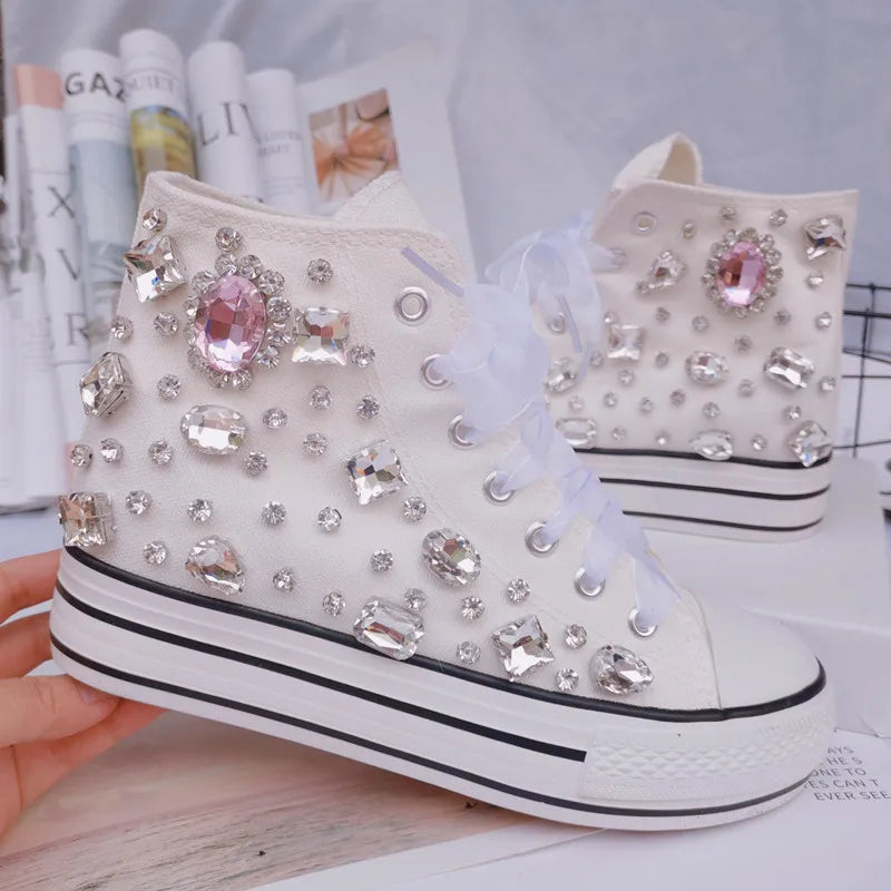 Crystal Handmade Rhinestone Diamond High Top Women's Canvas  Designer Platform Sneakers