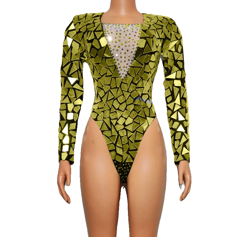 Crystal Sequin Mirror Geometric Metallic Long Sleeve Performance Stage Costume Bodysuit