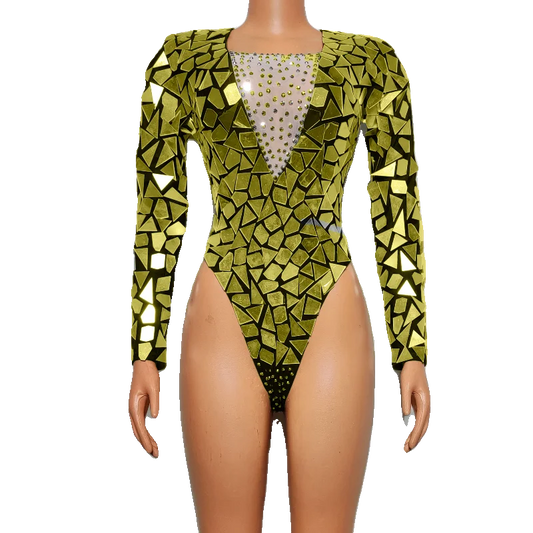 Crystal Sequin Mirror Geometric Metallic Long Sleeve Performance Stage Costume Bodysuit