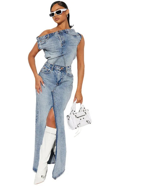 Denim Patchwork Sleeveless Strapless Short Button Open Fork Top + Floor-Length Maxi Skirt Lady 2-Piece Set