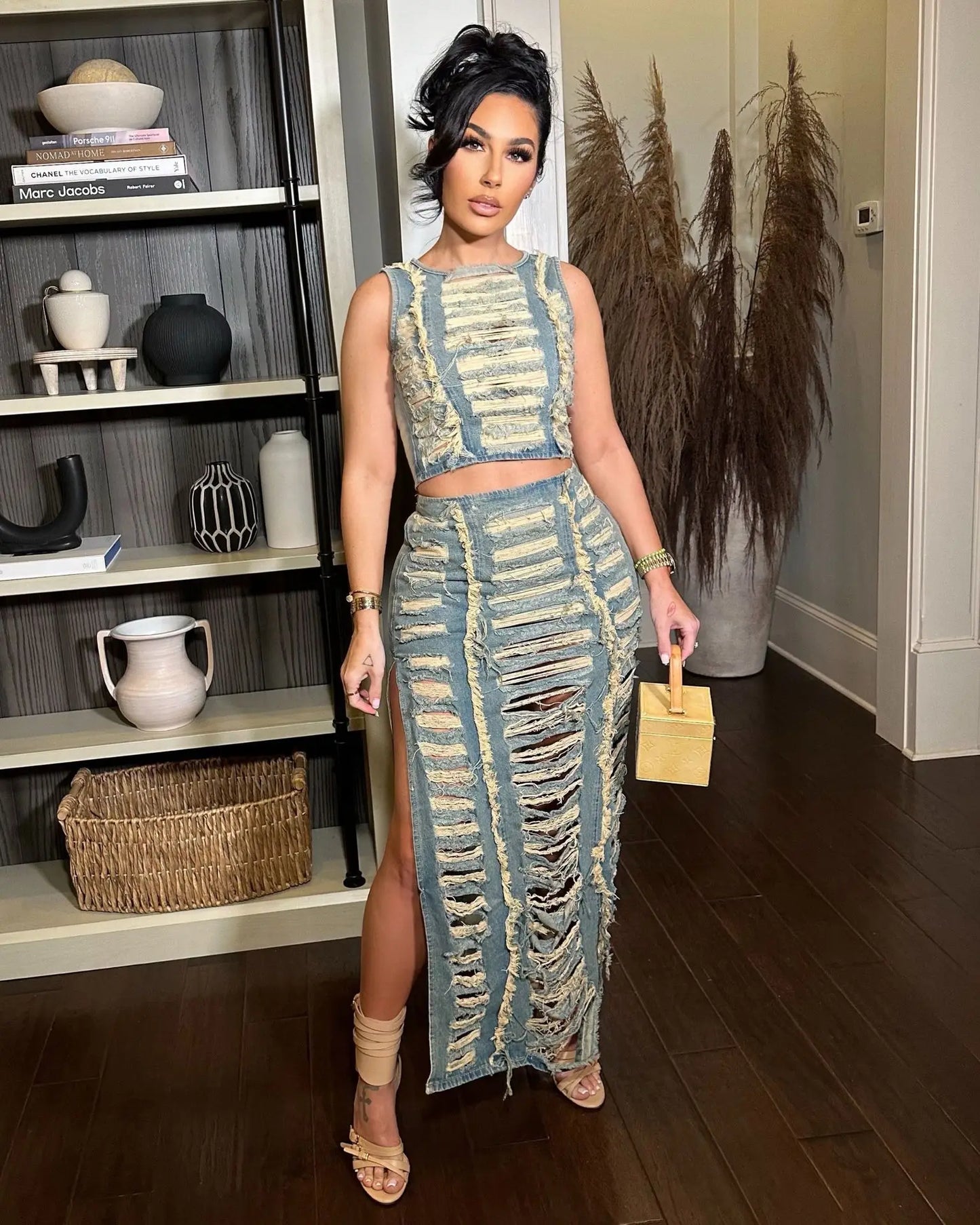 Denim Tassel Hollow-Out Fringe Design Women's Sleeveless Crop Top + High Slit Maxi Jean Skirt 2-Piece Set