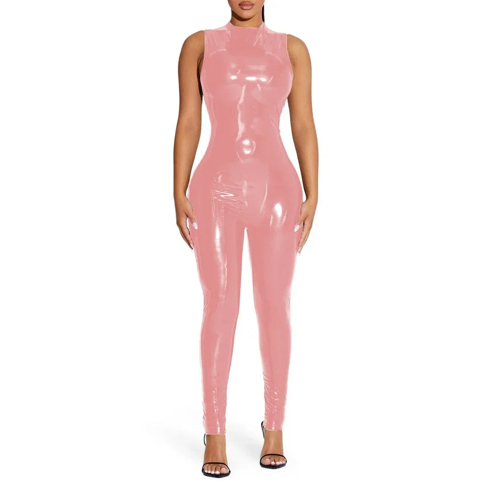 Shiny Solid Color Sleeveless PVC PU Leather Women's Pants Jumpsuit