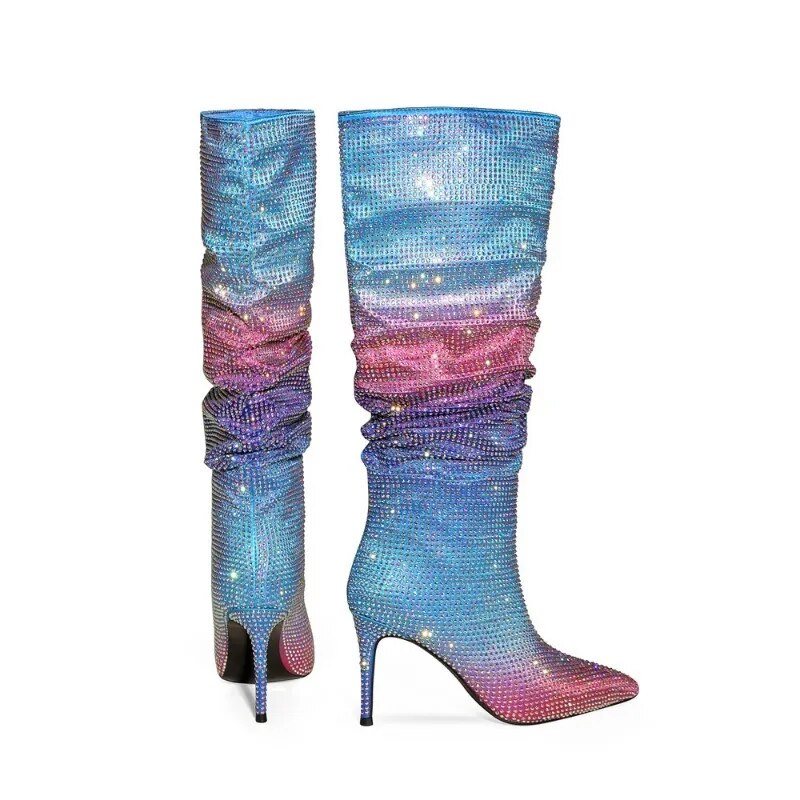 Glitter Rainbow Gradient Ombre Rhinestone Pleated Stacked Knee High Boots