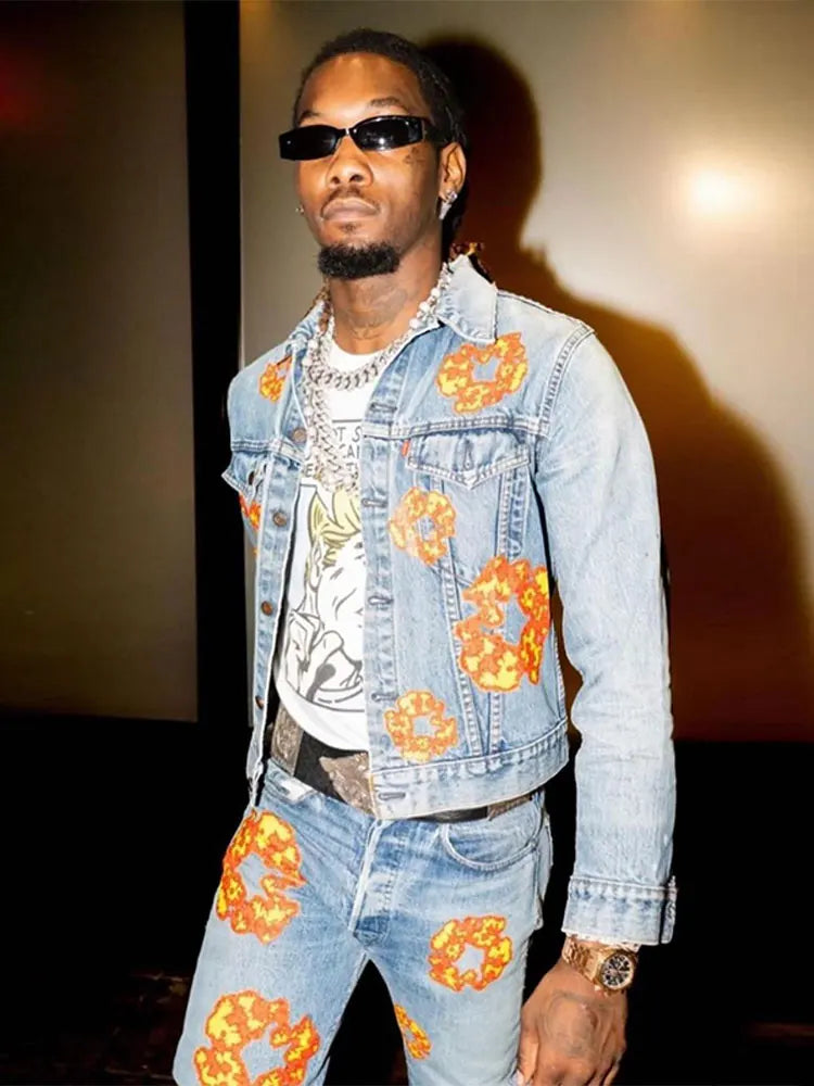 Men's Big Flower Print Retro Denim Lapel Jean Jacket + Jeans 2-Piece Set