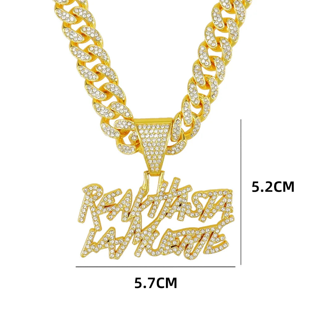 "Real Hasta la Muerte" OR $ Sign Rhinestone Pendant Hip-Hop Letter 13MM Cuban Chain Necklace