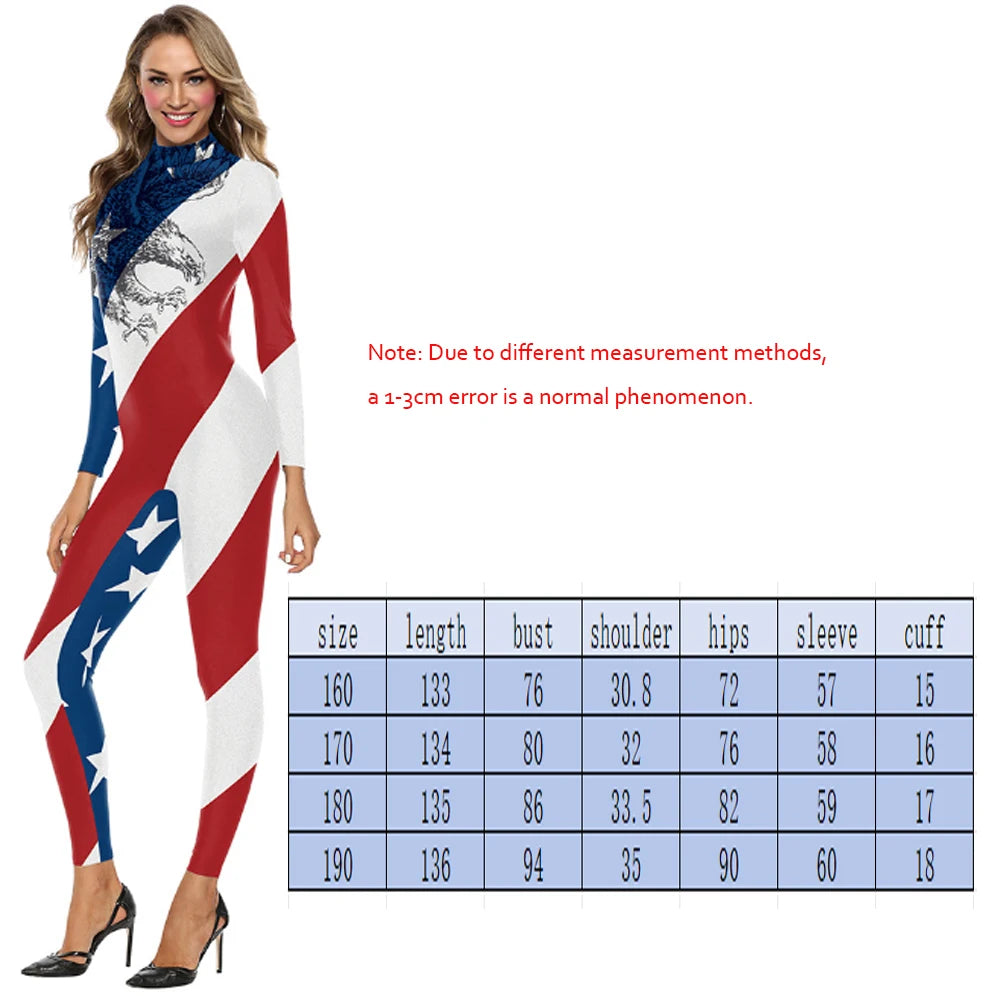 Striped 4th of July US Flag Print Bodycon Women's Long Sleeve Skinny Jumpsuit