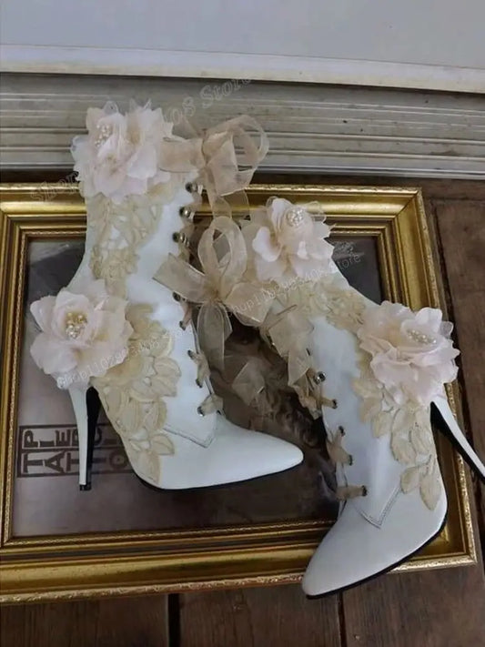 White Mesh Rose Flower Design Pointed Toe Women's Stiletto Heel Ankle Boots