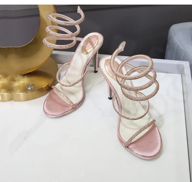 Spiral Snake Twine Band Crystal Rhinestone Thin Stiletto Heel Gladiator Sandal Pumps