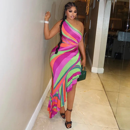 Asymmetrical Rainbow Pastel Striped Colorblock Print One Shoulder Sleeveless Hollow-Out Wrapped Ruffled Hem Maxi Dress