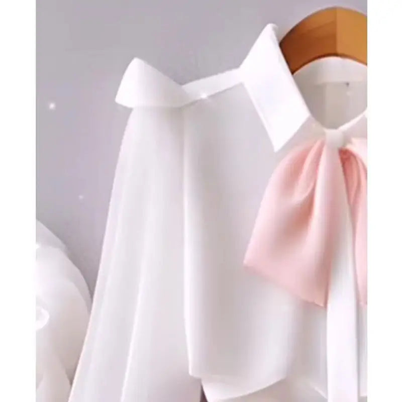 White Long Sleeve Blouse w/ Pink Bowtie & Solid Color Shorts 2-Piece Set