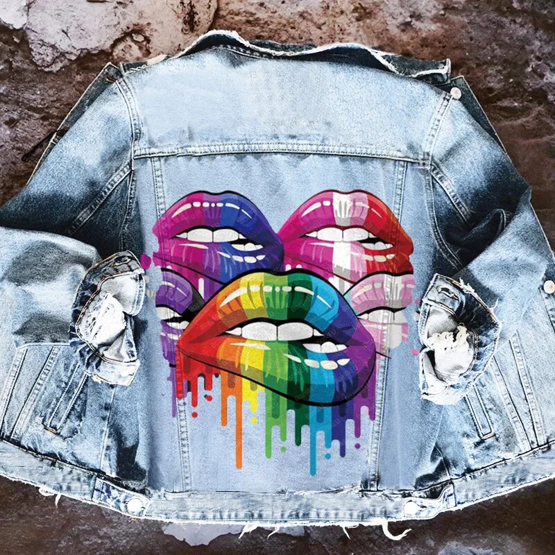 Denim Women's Paint Drip Lips Graffiti Print Jean Jacket