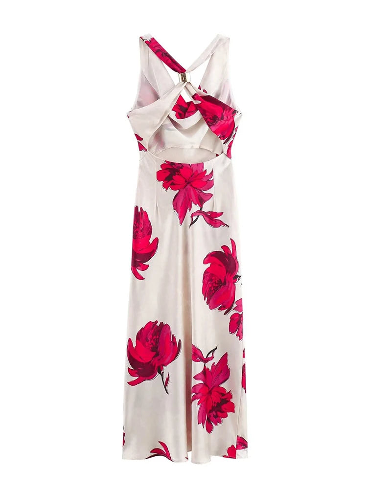 White/Red Rose Flower Print Pile Collar Sleeveless Backless Skinny Maxi Beach Dress