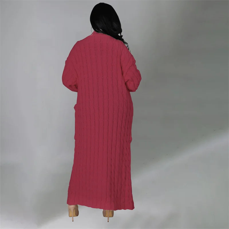 Knitted Weave Pattern Ribbed Maxi Cardigan Sweater