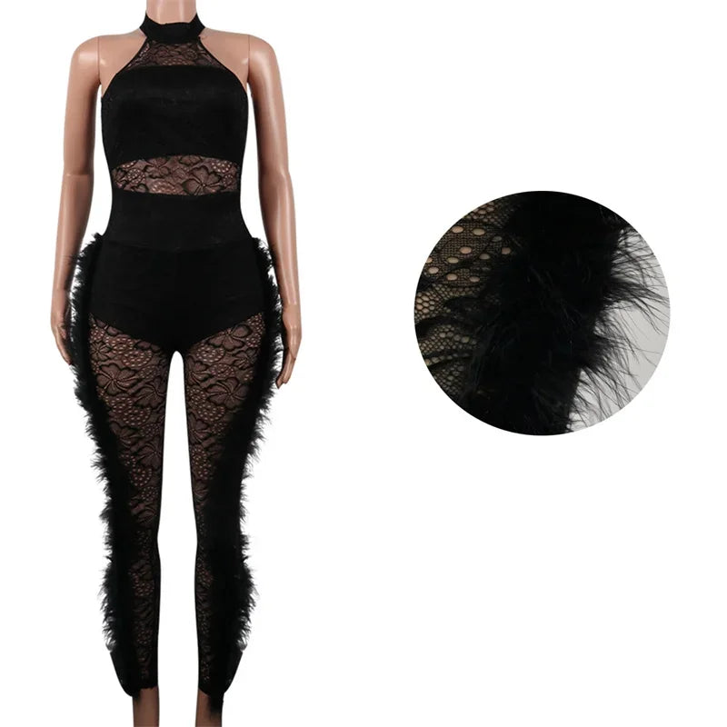 Halter Backless Sleeveless Floral Mesh Transparent Women's Pants Jumpsuit