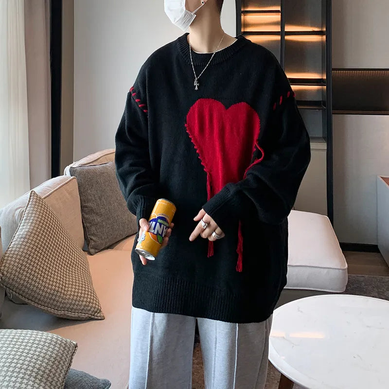 Heart Design Knitted Unisex Oversized Pullover Colorblock Sweater