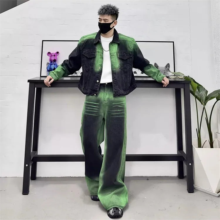 Men's Denim Green/Black Colorblock Loose Cowboy Jean Jacket + Wide Leg Jeans 2-Piece Set
