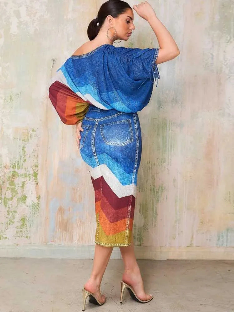 Mock Denim Striped Colorblock Slash Neck Women's Long Sleeve Crop Top + Open High Slit Skirt 2-Piece Set