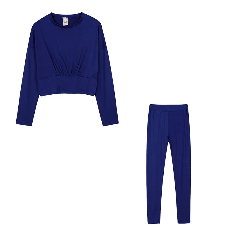 Ruched Fitted O-Neck Solid Color Women's Long Sleeve Crop Top + Leggings Tracksuit